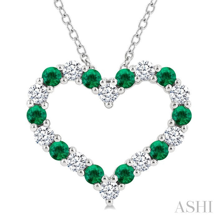 2.3 MM Round Cut Emerald and 1/2 Ctw Open Heart Round Cut Diamond Precious Fashion Pendant With Chain in 14K White Gold