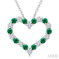 2.3 MM Round Cut Emerald and 1/2 Ctw Open Heart Round Cut Diamond Precious Fashion Pendant With Chain in 14K White Gold
