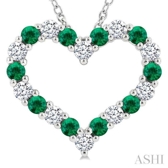 2.3 MM Round Cut Emerald and 1/2 Ctw Open Heart Round Cut Diamond Precious Fashion Pendant With Chain in 14K White Gold