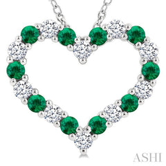 2.3 MM Round Cut Emerald and 1/2 Ctw Open Heart Round Cut Diamond Precious Fashion Pendant With Chain in 14K White Gold