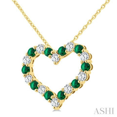 2.3 MM Round Cut Emerald and 1/2 Ctw Open Heart Round Cut Diamond Precious Fashion Pendant With Chain in 14K Yellow Gold
