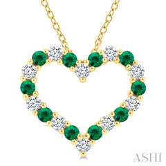 2.3 MM Round Cut Emerald and 1/2 Ctw Open Heart Round Cut Diamond Precious Fashion Pendant With Chain in 14K Yellow Gold