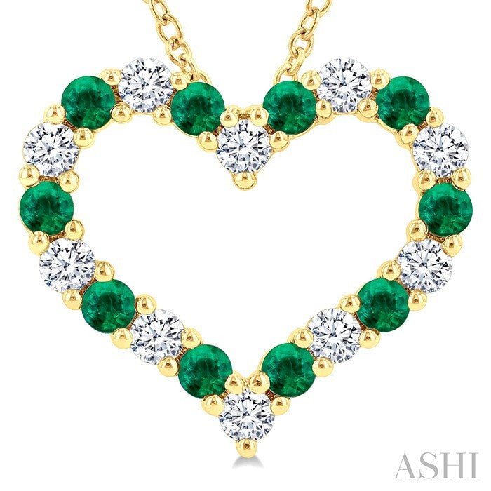 2.3 MM Round Cut Emerald and 1/2 Ctw Open Heart Round Cut Diamond Precious Fashion Pendant With Chain in 14K Yellow Gold