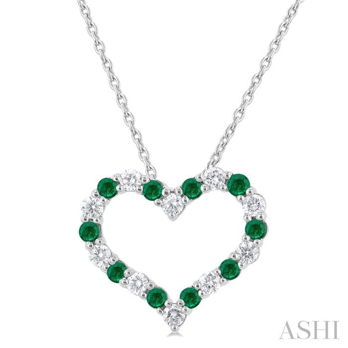 1.80 MM Round Cut Emerald and 1/4 Ctw Open Heart Round Cut Diamond Precious Fashion Pendant With Chain in 14K White Gold