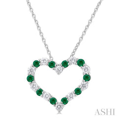 1.80 MM Round Cut Emerald and 1/4 Ctw Open Heart Round Cut Diamond Precious Fashion Pendant With Chain in 14K White Gold