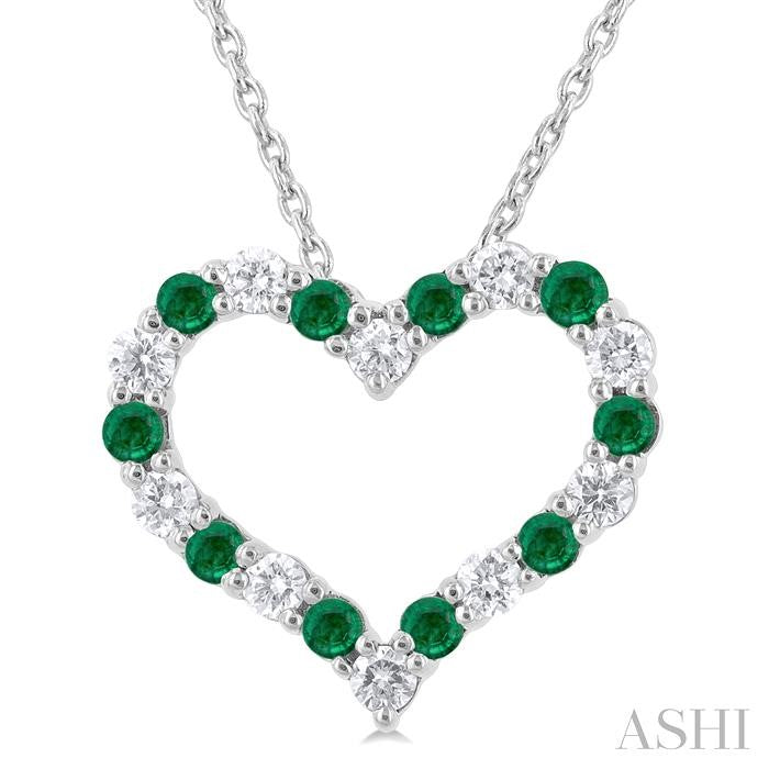 1.80 MM Round Cut Emerald and 1/4 Ctw Open Heart Round Cut Diamond Precious Fashion Pendant With Chain in 14K White Gold
