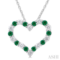 1.80 MM Round Cut Emerald and 1/4 Ctw Open Heart Round Cut Diamond Precious Fashion Pendant With Chain in 14K White Gold
