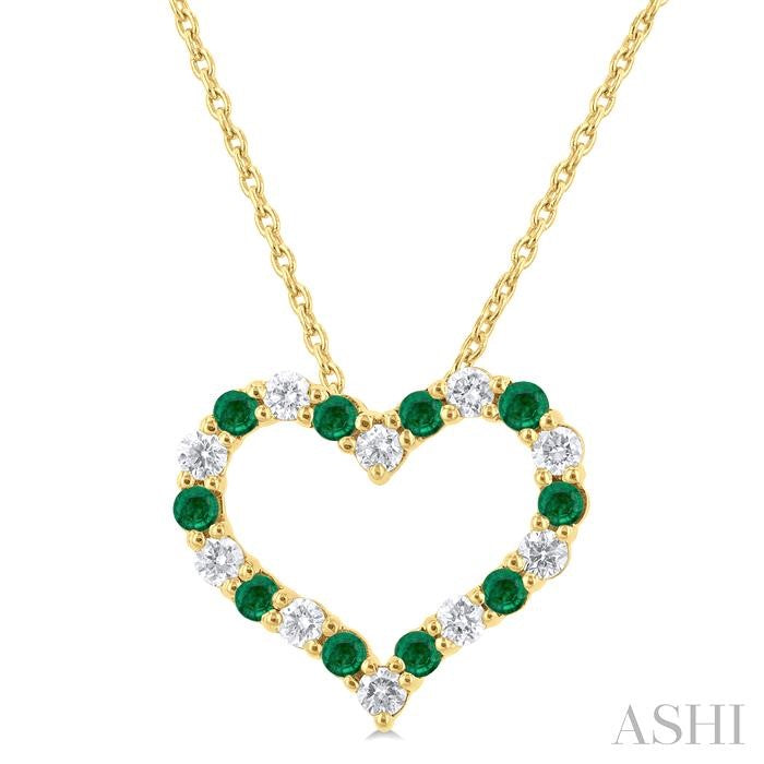 1.80 MM Round Cut Emerald and 1/4 Ctw Open Heart Round Cut Diamond Precious Fashion Pendant With Chain in 14K Yellow Gold