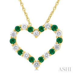 1.80 MM Round Cut Emerald and 1/4 Ctw Open Heart Round Cut Diamond Precious Fashion Pendant With Chain in 14K Yellow Gold