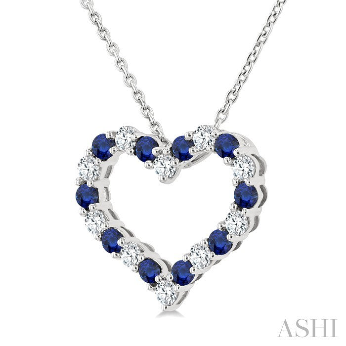 1.80 MM Round Cut Sapphire and 1/4 Ctw Open Heart Round Cut Diamond Precious Fashion Pendant With Chain in 14K White Gold
