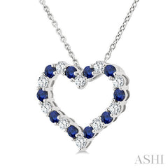 1.80 MM Round Cut Sapphire and 1/4 Ctw Open Heart Round Cut Diamond Precious Fashion Pendant With Chain in 14K White Gold