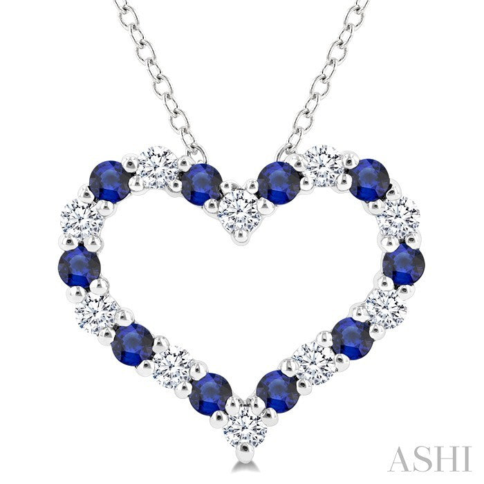 1.80 MM Round Cut Sapphire and 1/4 Ctw Open Heart Round Cut Diamond Precious Fashion Pendant With Chain in 14K White Gold