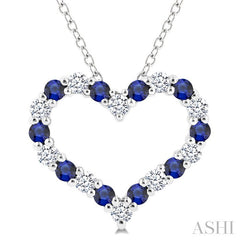 1.80 MM Round Cut Sapphire and 1/4 Ctw Open Heart Round Cut Diamond Precious Fashion Pendant With Chain in 14K White Gold