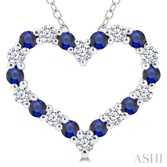 1.80 MM Round Cut Sapphire and 1/4 Ctw Open Heart Round Cut Diamond Precious Fashion Pendant With Chain in 14K White Gold