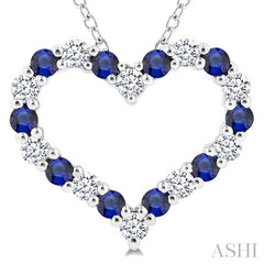 1.80 MM Round Cut Sapphire and 1/4 Ctw Open Heart Round Cut Diamond Precious Fashion Pendant With Chain in 14K White Gold