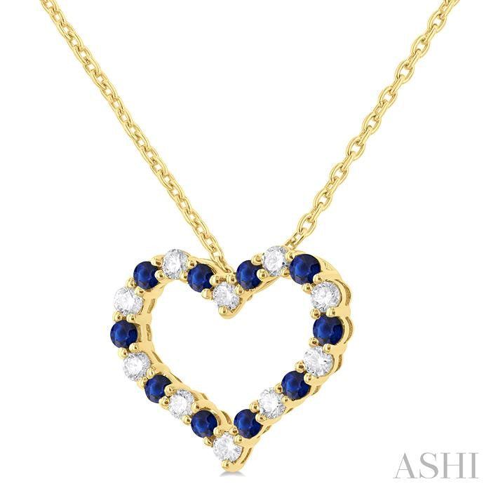 1.80 MM Round Cut Sapphire and 1/4 Ctw Open Heart Round Cut Diamond Precious Fashion Pendant With Chain in 14K Yellow Gold