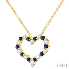 1.80 MM Round Cut Sapphire and 1/4 Ctw Open Heart Round Cut Diamond Precious Fashion Pendant With Chain in 14K Yellow Gold