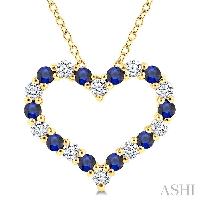 1.80 MM Round Cut Sapphire and 1/4 Ctw Open Heart Round Cut Diamond Precious Fashion Pendant With Chain in 14K Yellow Gold