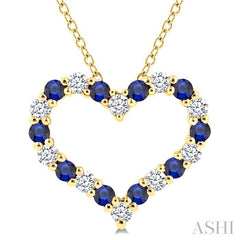 1.80 MM Round Cut Sapphire and 1/4 Ctw Open Heart Round Cut Diamond Precious Fashion Pendant With Chain in 14K Yellow Gold