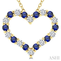 1.80 MM Round Cut Sapphire and 1/4 Ctw Open Heart Round Cut Diamond Precious Fashion Pendant With Chain in 14K Yellow Gold