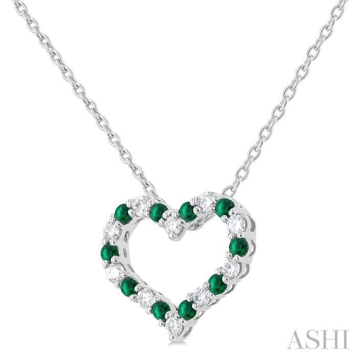 1.4 MM Round Cut Emerald and 1/8 Ctw Open Heart Round Cut Diamond Precious Fashion Pendant With Chain in 14K White Gold