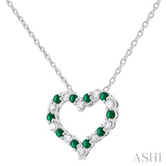 1.4 MM Round Cut Emerald and 1/8 Ctw Open Heart Round Cut Diamond Precious Fashion Pendant With Chain in 14K White Gold
