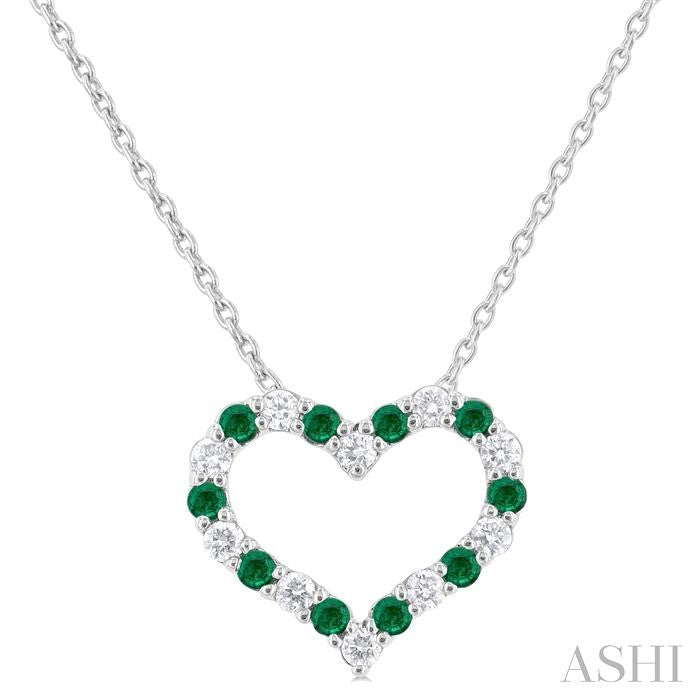 1.4 MM Round Cut Emerald and 1/8 Ctw Open Heart Round Cut Diamond Precious Fashion Pendant With Chain in 14K White Gold