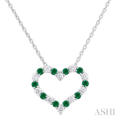 1.4 MM Round Cut Emerald and 1/8 Ctw Open Heart Round Cut Diamond Precious Fashion Pendant With Chain in 14K White Gold