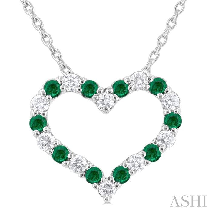 1.4 MM Round Cut Emerald and 1/8 Ctw Open Heart Round Cut Diamond Precious Fashion Pendant With Chain in 14K White Gold