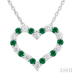 1.4 MM Round Cut Emerald and 1/8 Ctw Open Heart Round Cut Diamond Precious Fashion Pendant With Chain in 14K White Gold