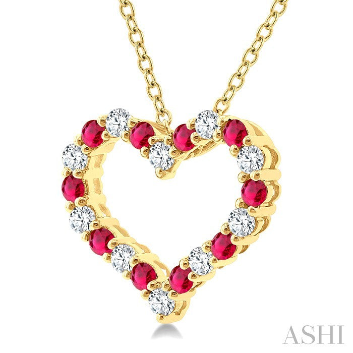 1.4 MM Round Cut Ruby and 1/8 Ctw Open Heart Round Cut Diamond Precious Fashion Pendant With Chain in 14K Yellow Gold