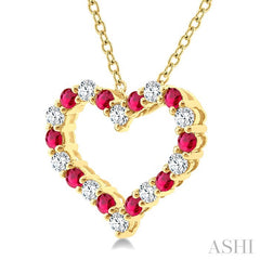 1.4 MM Round Cut Ruby and 1/8 Ctw Open Heart Round Cut Diamond Precious Fashion Pendant With Chain in 14K Yellow Gold