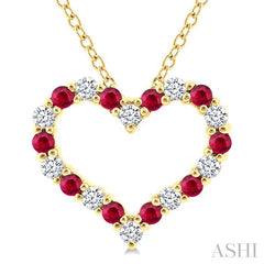 1.4 MM Round Cut Ruby and 1/8 Ctw Open Heart Round Cut Diamond Precious Fashion Pendant With Chain in 14K Yellow Gold