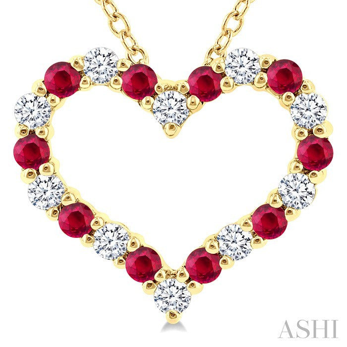 1.4 MM Round Cut Ruby and 1/8 Ctw Open Heart Round Cut Diamond Precious Fashion Pendant With Chain in 14K Yellow Gold
