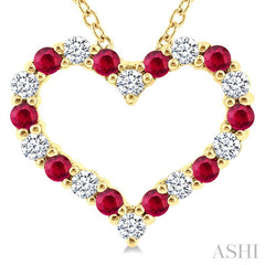 1.4 MM Round Cut Ruby and 1/8 Ctw Open Heart Round Cut Diamond Precious Fashion Pendant With Chain in 14K Yellow Gold
