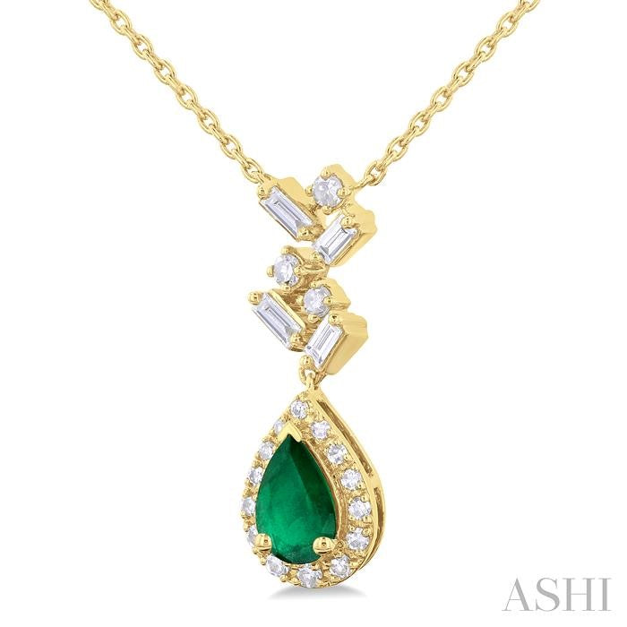6x4 MM Pear Cut Emerald and 1/5 Ctw Scatter Baguette & Round Cut Halo Diamond Precious Pendant With Chain in 10K Yellow Gold