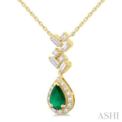 6x4 MM Pear Cut Emerald and 1/5 Ctw Scatter Baguette & Round Cut Halo Diamond Precious Pendant With Chain in 10K Yellow Gold