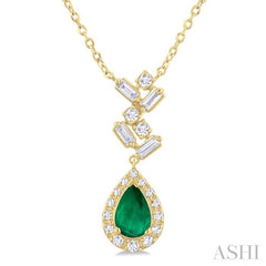 6x4 MM Pear Cut Emerald and 1/5 Ctw Scatter Baguette & Round Cut Halo Diamond Precious Pendant With Chain in 10K Yellow Gold