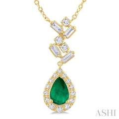 6x4 MM Pear Cut Emerald and 1/5 Ctw Scatter Baguette & Round Cut Halo Diamond Precious Pendant With Chain in 10K Yellow Gold