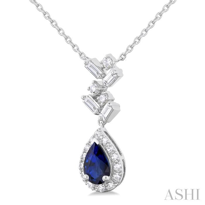 6x4 MM Pear Cut Sapphire and 1/5 Ctw Scatter Baguette & Round Cut Halo Diamond Precious Pendant With Chain in 10K White Gold