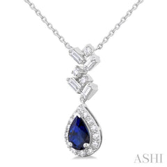 6x4 MM Pear Cut Sapphire and 1/5 Ctw Scatter Baguette & Round Cut Halo Diamond Precious Pendant With Chain in 10K White Gold