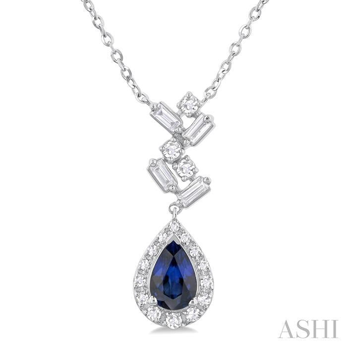 6x4 MM Pear Cut Sapphire and 1/5 Ctw Scatter Baguette & Round Cut Halo Diamond Precious Pendant With Chain in 10K White Gold