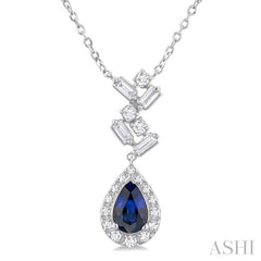 6x4 MM Pear Cut Sapphire and 1/5 Ctw Scatter Baguette & Round Cut Halo Diamond Precious Pendant With Chain in 10K White Gold