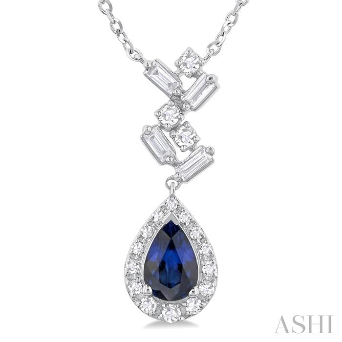 6x4 MM Pear Cut Sapphire and 1/5 Ctw Scatter Baguette & Round Cut Halo Diamond Precious Pendant With Chain in 10K White Gold