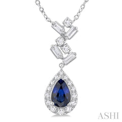 6x4 MM Pear Cut Sapphire and 1/5 Ctw Scatter Baguette & Round Cut Halo Diamond Precious Pendant With Chain in 10K White Gold