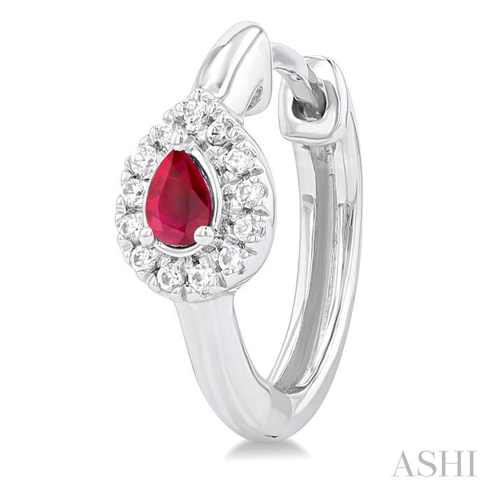 4X3 MM Pear Cut Ruby and 1/10 Ctw Petite Round Cut Halo Diamond Fashion Huggies in 10K White Gold