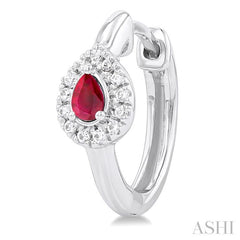 4X3 MM Pear Cut Ruby and 1/10 Ctw Petite Round Cut Halo Diamond Fashion Huggies in 10K White Gold