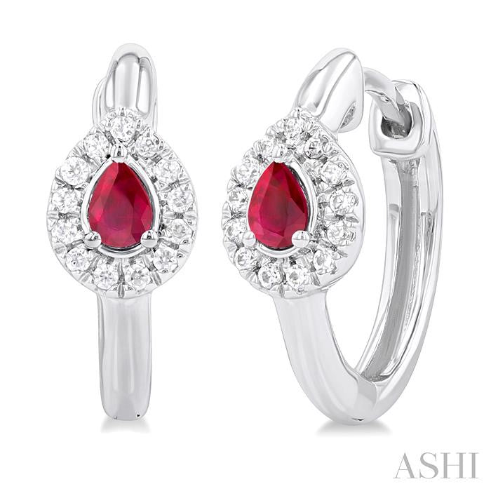 4X3 MM Pear Cut Ruby and 1/10 Ctw Petite Round Cut Halo Diamond Fashion Huggies in 10K White Gold