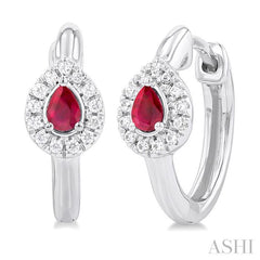 4X3 MM Pear Cut Ruby and 1/10 Ctw Petite Round Cut Halo Diamond Fashion Huggies in 10K White Gold