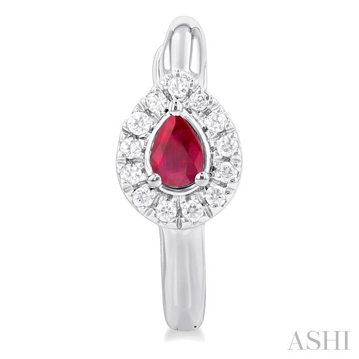 4X3 MM Pear Cut Ruby and 1/10 Ctw Petite Round Cut Halo Diamond Fashion Huggies in 10K White Gold